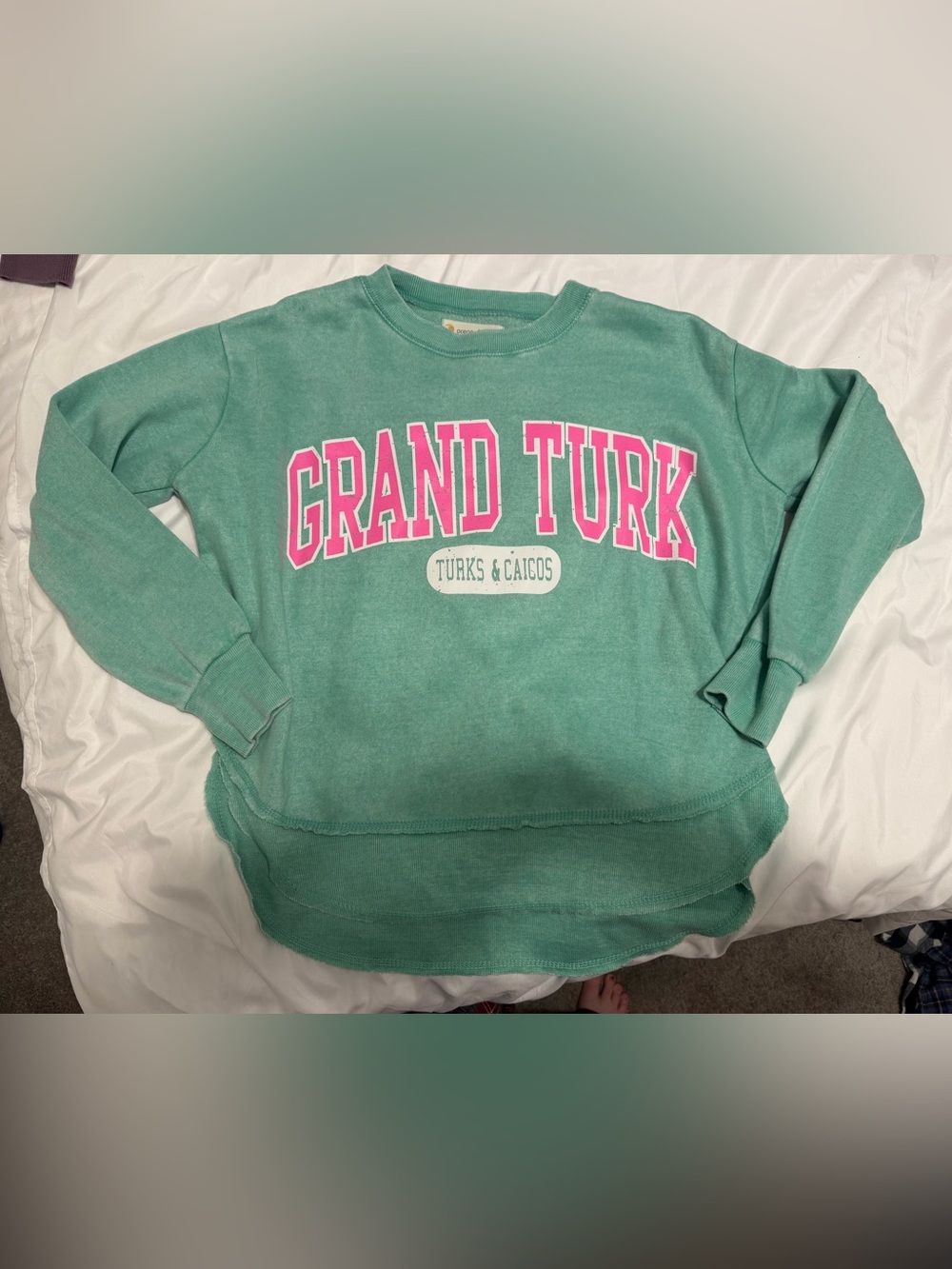 Ocean Drive Kids' Teal Green Sweatshirt with Pink 'GRAND TURK' Graphic